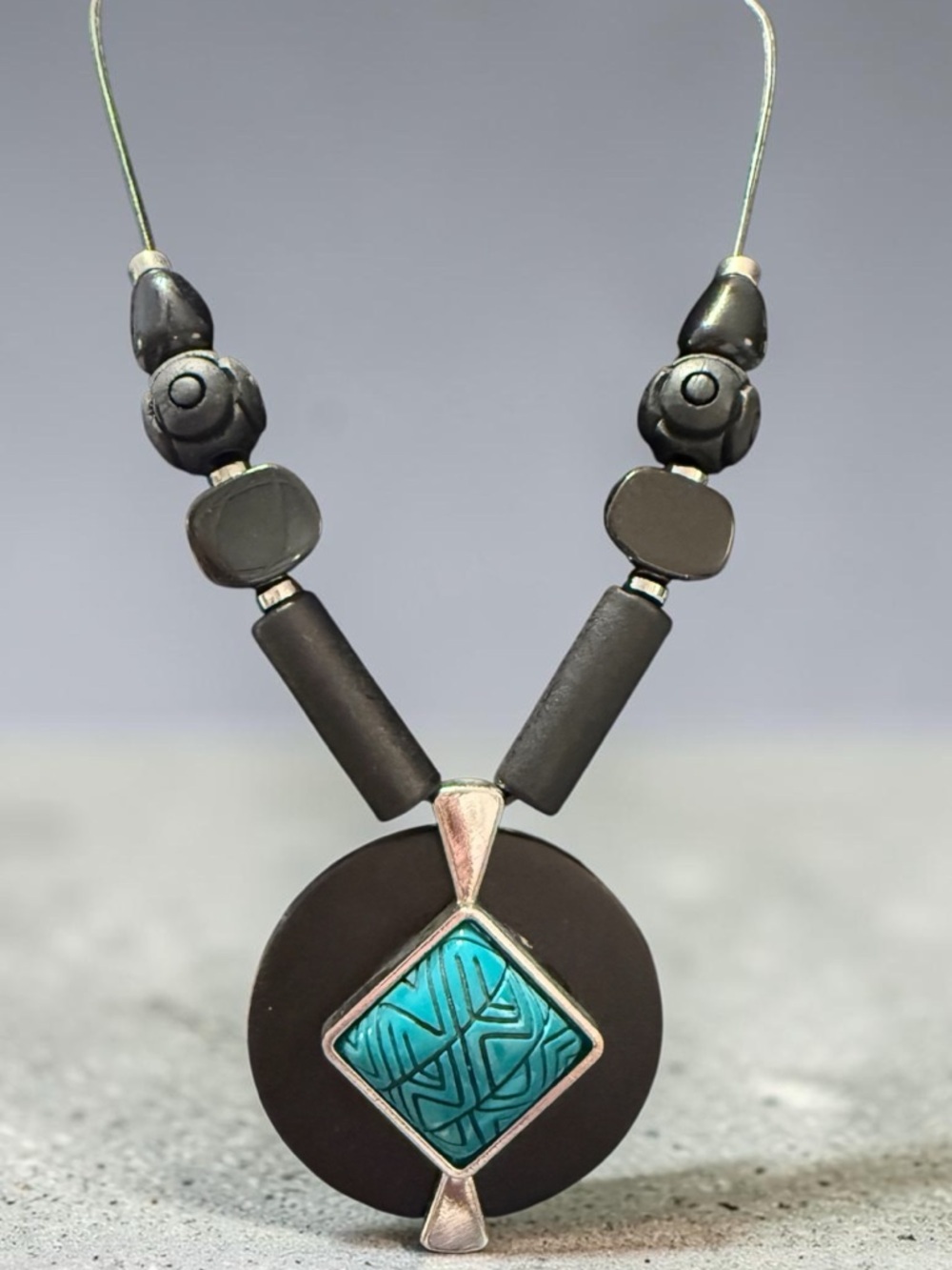 Chico's Wooden Black and Turquoise Geometric Pendant Necklace 16” + 4” Extender
